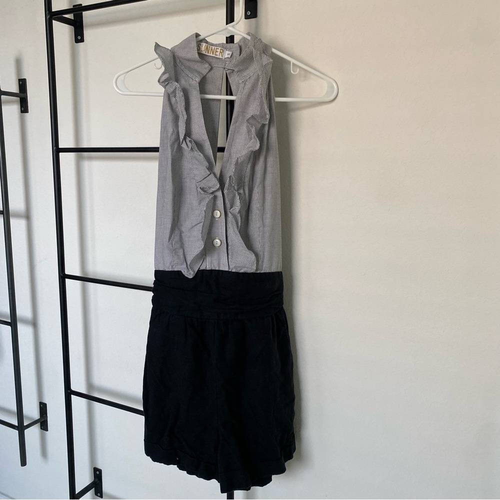 Anthropologie Black and Gray Ruffled Jumpsuit
